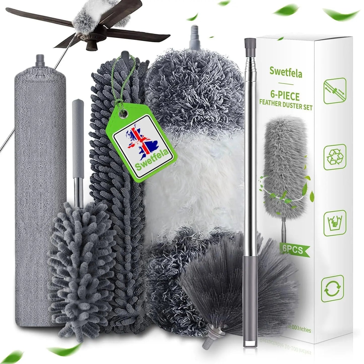 Feather Duster Set: Expandable - Reusable Bendable Dusters for High Dusting - DynamicDrop Hub