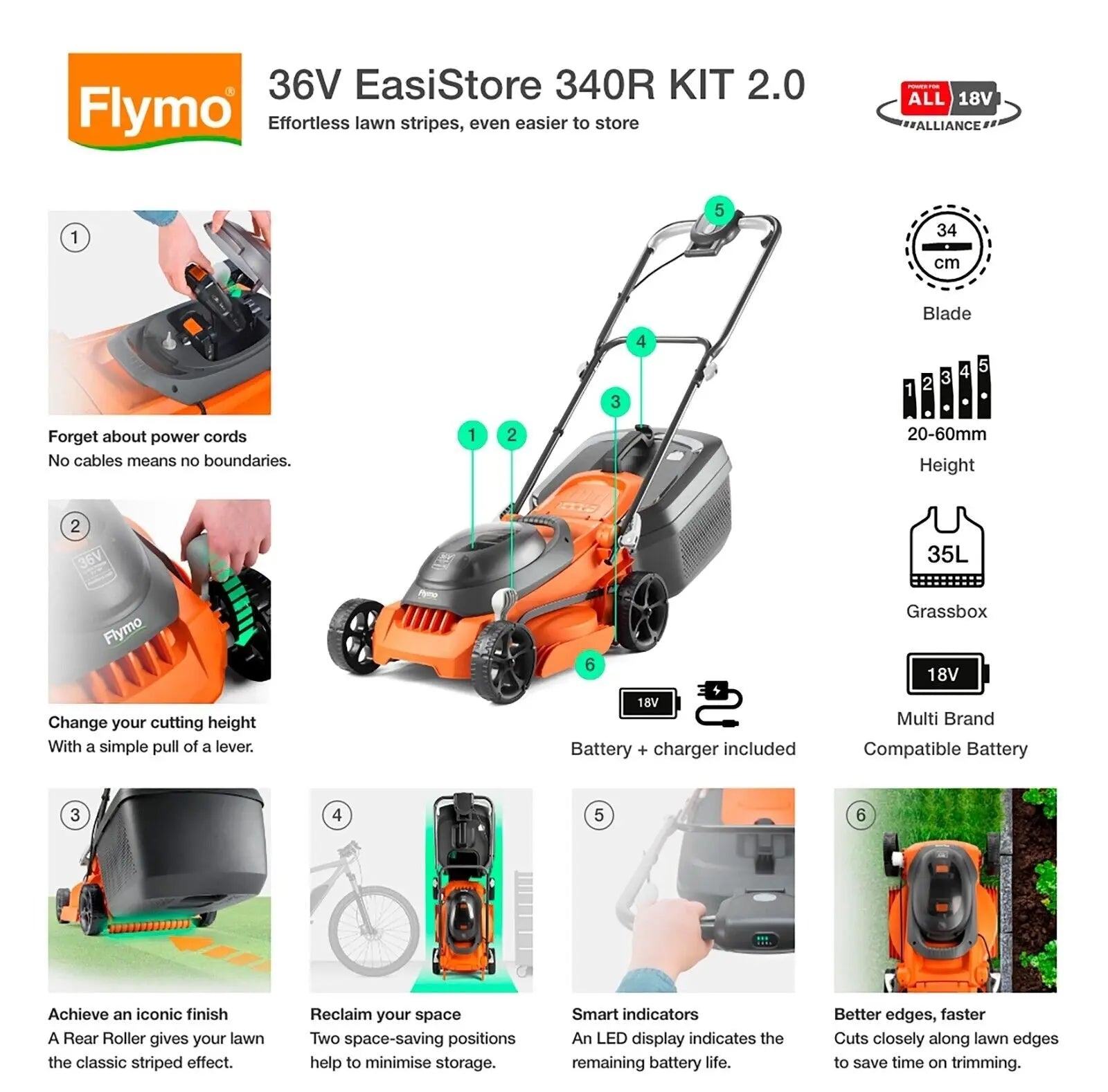 Flymo 36V Easistore 340R Cordless Lawnmower Kit - Power for All - DynamicDrop Hub