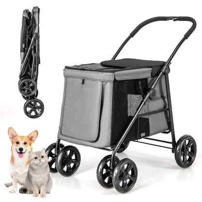 Folding Pet Stroller with Pockets and Skylight for Small Medium Pets - DynamicDrop Hub