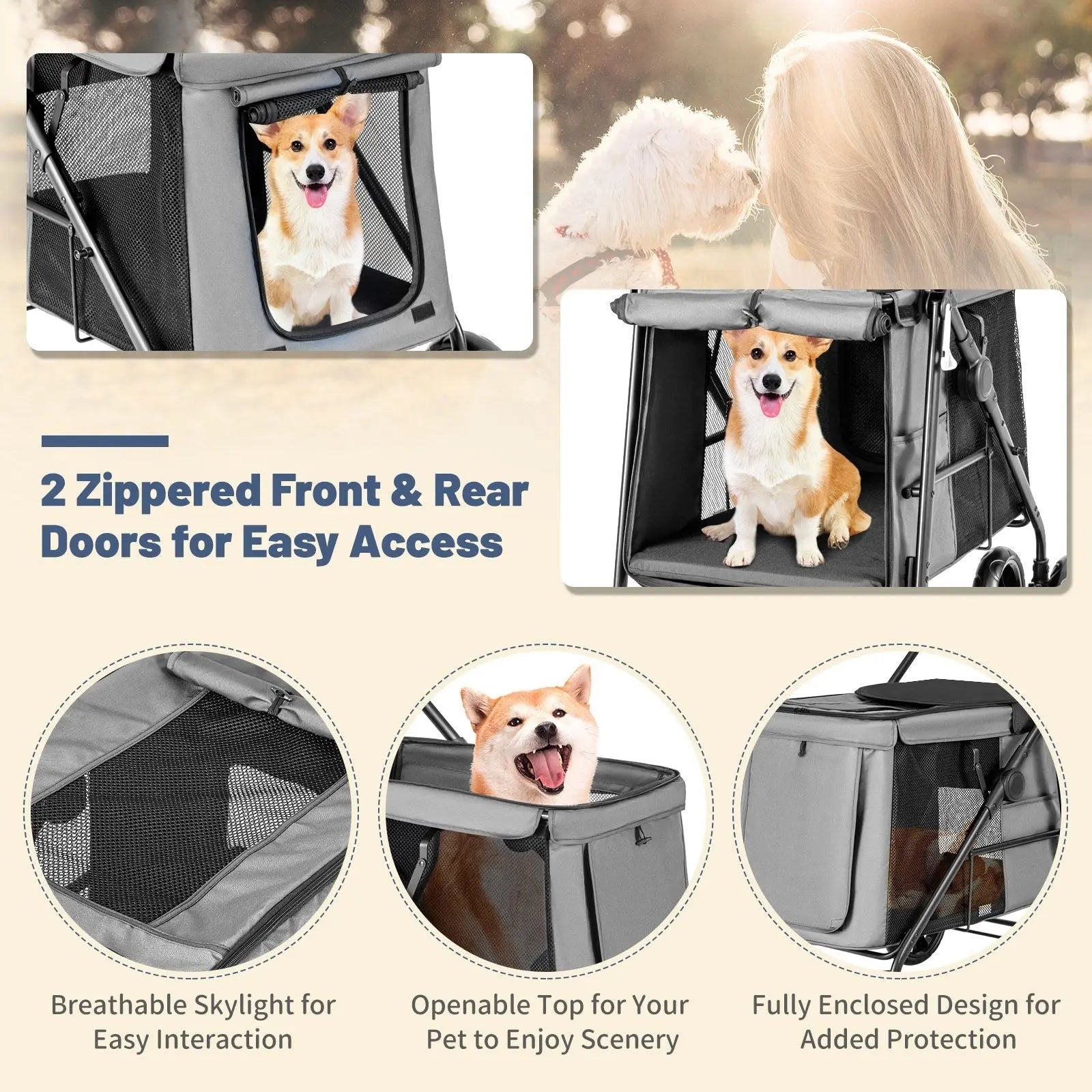 Folding Pet Stroller with Pockets and Skylight for Small Medium Pets - DynamicDrop Hub