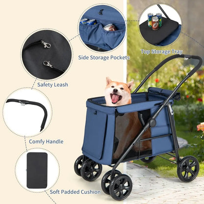 Folding Pet Stroller with Pockets and Skylight for Small Medium Pets - DynamicDrop Hub