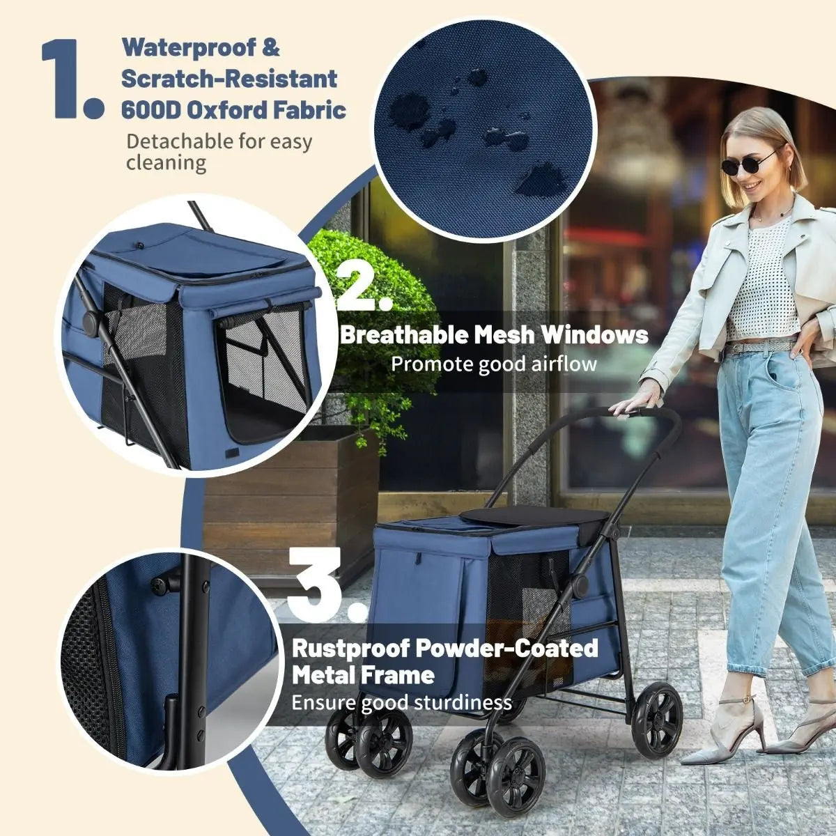 Folding Pet Stroller with Pockets and Skylight for Small Medium Pets - DynamicDrop Hub