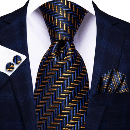 Navy Blue Striped Silk Tie Set for Men – Necktie, Pocket Square & Cufflinks – Formal Business & Wedding Gift Set