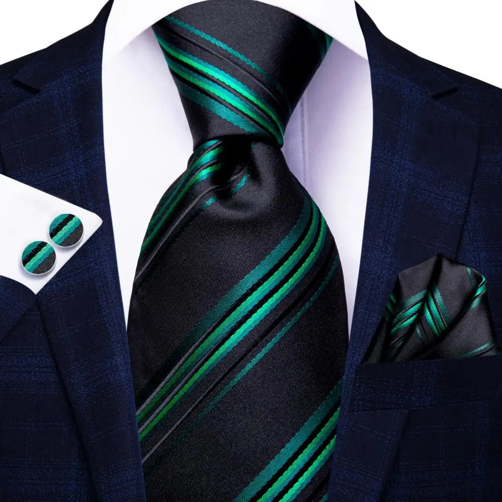 Navy Blue Striped Silk Tie Set for Men – Necktie, Pocket Square & Cufflinks – Formal Business & Wedding Gift Set