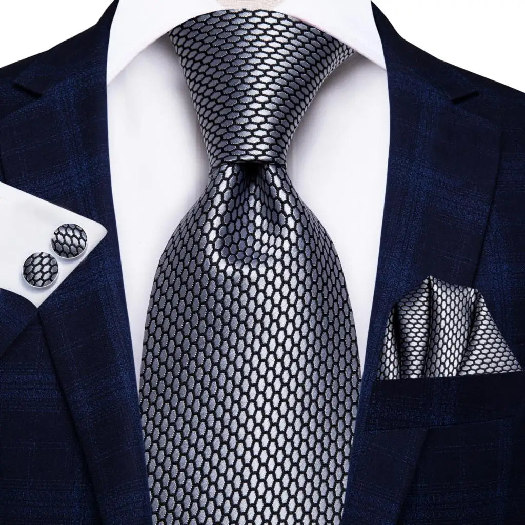White & Grey Paisley Tie Set – Silk Necktie, Pocket Square & Cufflinks for Men – Formal Wedding & Business Accessory