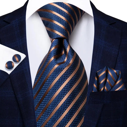 Navy Blue Striped Silk Tie Set for Men – Necktie, Pocket Square & Cufflinks – Formal Business & Wedding Gift Set