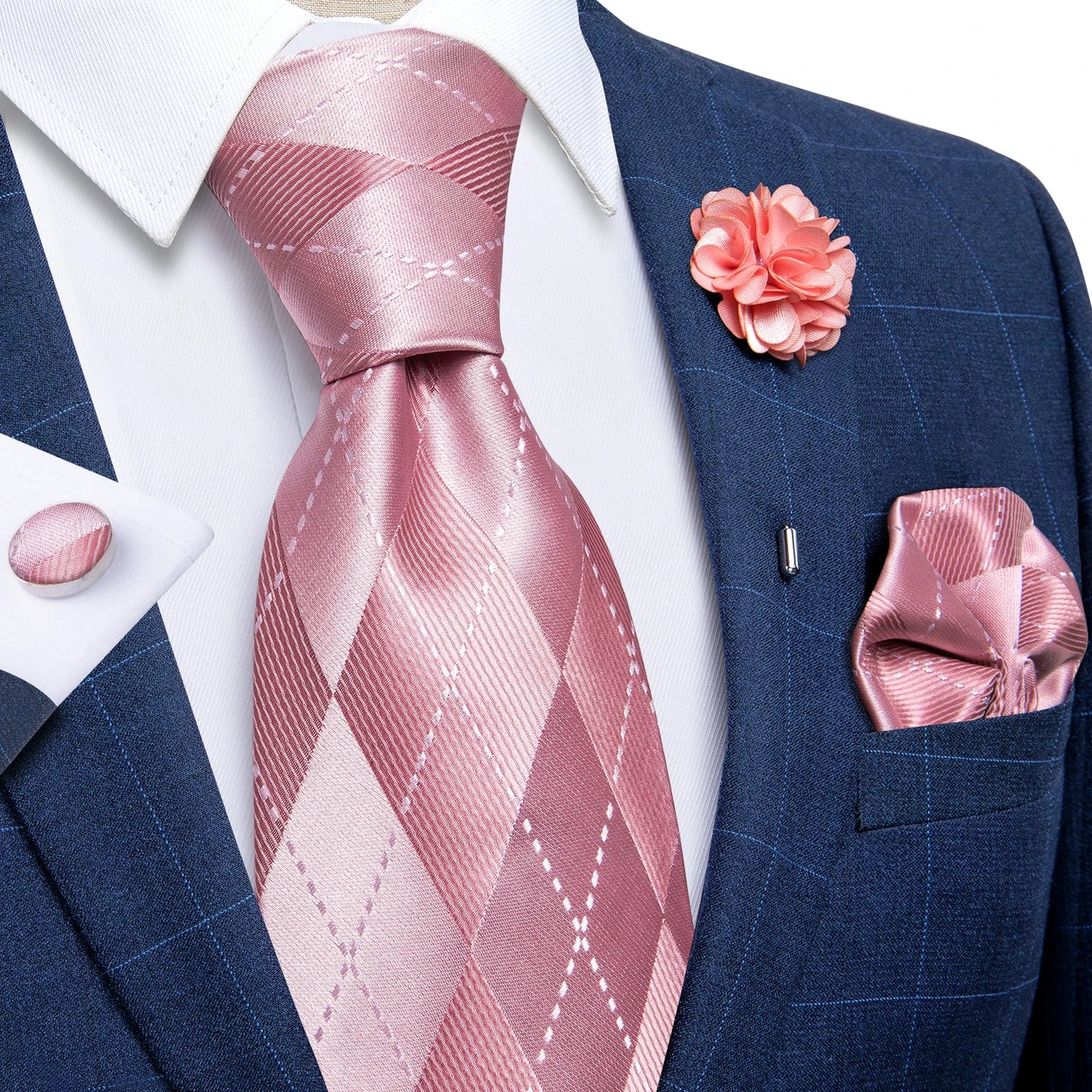 Blue & Silver Paisley Silk Tie Set – 8cm Necktie + Pocket Square + Cufflinks + Brooch – Elegant Men’s Gift for Weddings & Holidays