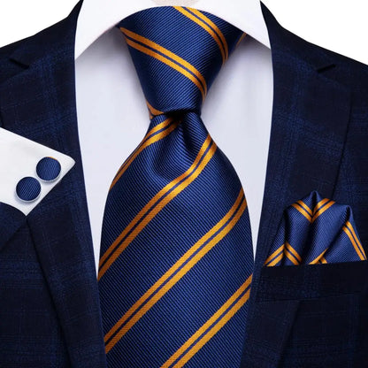 Navy Blue Striped Silk Tie Set for Men – Necktie, Pocket Square & Cufflinks – Formal Business & Wedding Gift Set