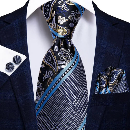 Navy Blue Striped Silk Tie Set for Men – Necktie, Pocket Square & Cufflinks – Formal Business & Wedding Gift Set