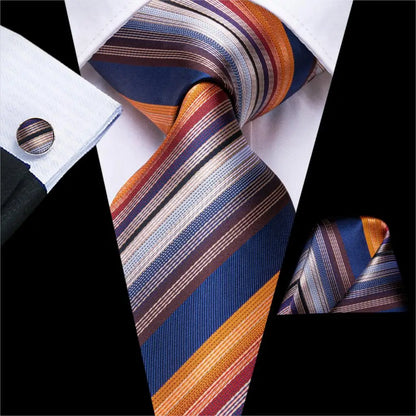 Navy Blue Striped Silk Tie Set for Men – Necktie, Pocket Square & Cufflinks – Formal Business & Wedding Gift Set