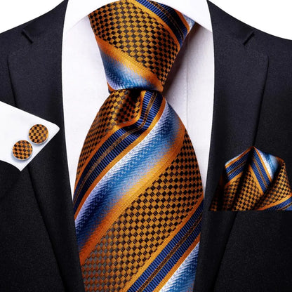 Navy Blue Striped Silk Tie Set for Men – Necktie, Pocket Square & Cufflinks – Formal Business & Wedding Gift Set