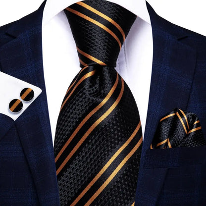 Navy Blue Striped Silk Tie Set for Men – Necktie, Pocket Square & Cufflinks – Formal Business & Wedding Gift Set