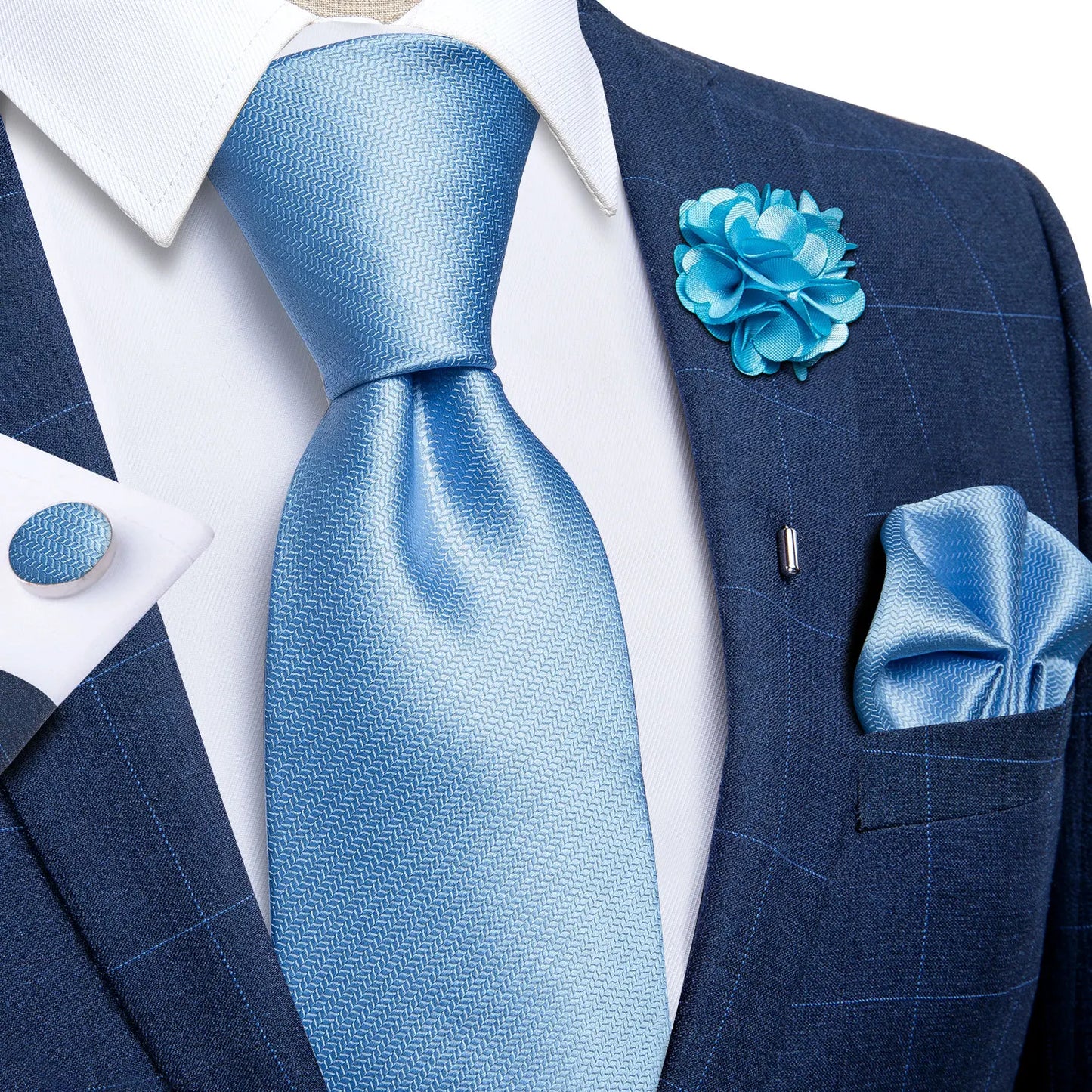 Blue & Silver Paisley Silk Tie Set – 8cm Necktie + Pocket Square + Cufflinks + Brooch – Elegant Men’s Gift for Weddings & Holidays