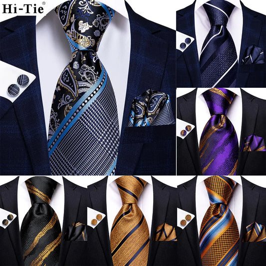 Navy Blue Striped Silk Tie Set for Men – Necktie, Pocket Square & Cufflinks – Formal Business & Wedding Gift Set