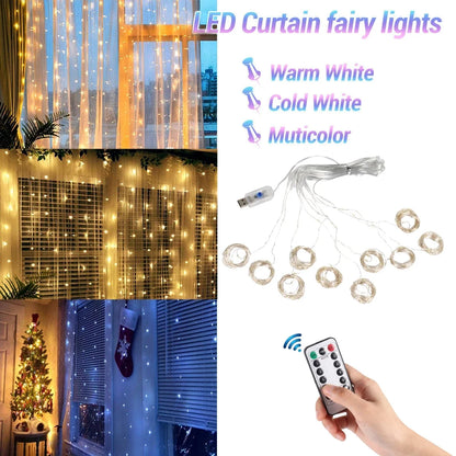 Christmas Lights Curtain Garland - Merry Christmas Decorations for Home, Xmas Ornaments, and New Year Decor