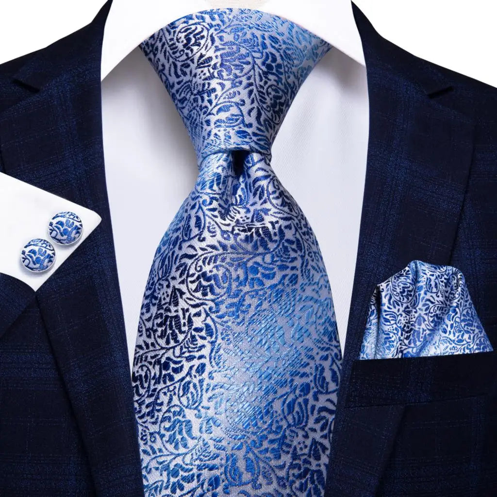 Navy Blue Striped Silk Tie Set for Men – Necktie, Pocket Square & Cufflinks – Formal Business & Wedding Gift Set