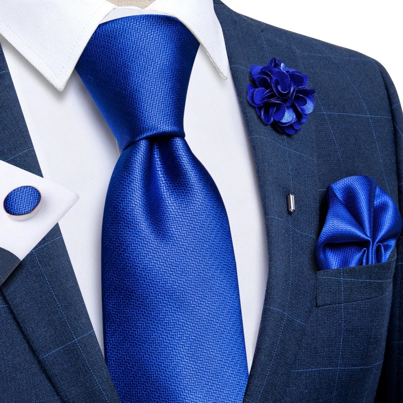 Blue & Silver Paisley Silk Tie Set – 8cm Necktie + Pocket Square + Cufflinks + Brooch – Elegant Men’s Gift for Weddings & Holidays