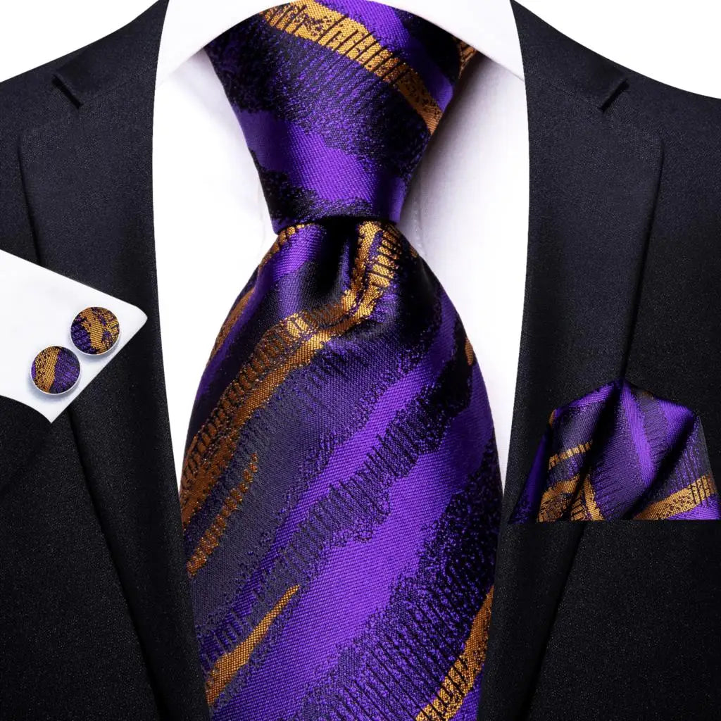 Navy Blue Striped Silk Tie Set for Men – Necktie, Pocket Square & Cufflinks – Formal Business & Wedding Gift Set