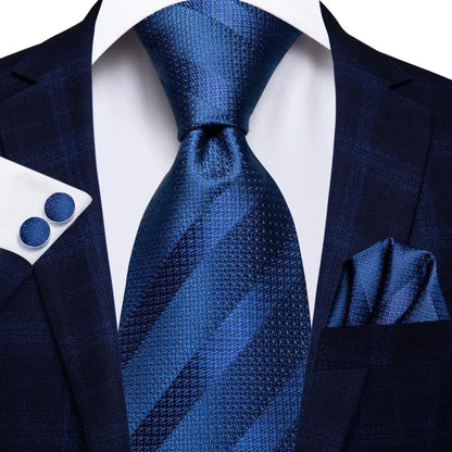 Navy Blue Striped Silk Tie Set for Men – Necktie, Pocket Square & Cufflinks – Formal Business & Wedding Gift Set