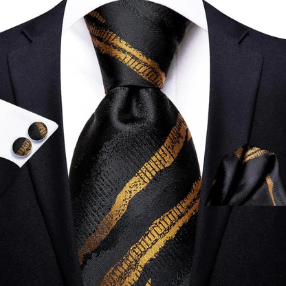 Navy Blue Striped Silk Tie Set for Men – Necktie, Pocket Square & Cufflinks – Formal Business & Wedding Gift Set