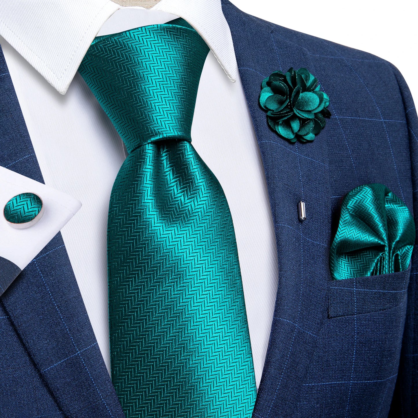 Blue & Silver Paisley Silk Tie Set – 8cm Necktie + Pocket Square + Cufflinks + Brooch – Elegant Men’s Gift for Weddings & Holidays
