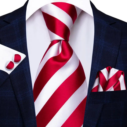 Navy Blue Striped Silk Tie Set for Men – Necktie, Pocket Square & Cufflinks – Formal Business & Wedding Gift Set