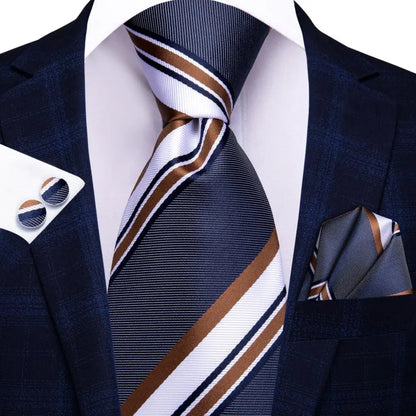 Navy Blue Striped Silk Tie Set for Men – Necktie, Pocket Square & Cufflinks – Formal Business & Wedding Gift Set