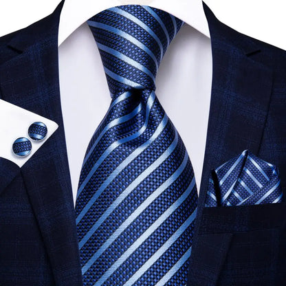 Navy Blue Striped Silk Tie Set for Men – Necktie, Pocket Square & Cufflinks – Formal Business & Wedding Gift Set