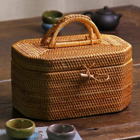 Handwoven Storage Box - Food Container Picnic, Fruit Cake Basket Kitchen Organizer - DynamicDrop Hub