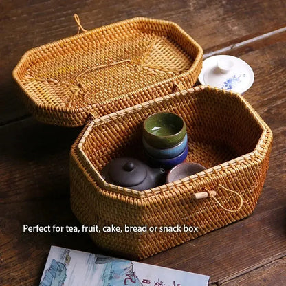 Handwoven Storage Box - Food Container Picnic, Fruit Cake Basket Kitchen Organizer - DynamicDrop Hub