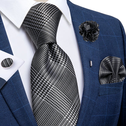 Luxury Red & Blue Floral Silk Tie Set – 8cm Necktie + Pocket Square + Cufflinks + Brooch – Men’s Formal Gift Set
