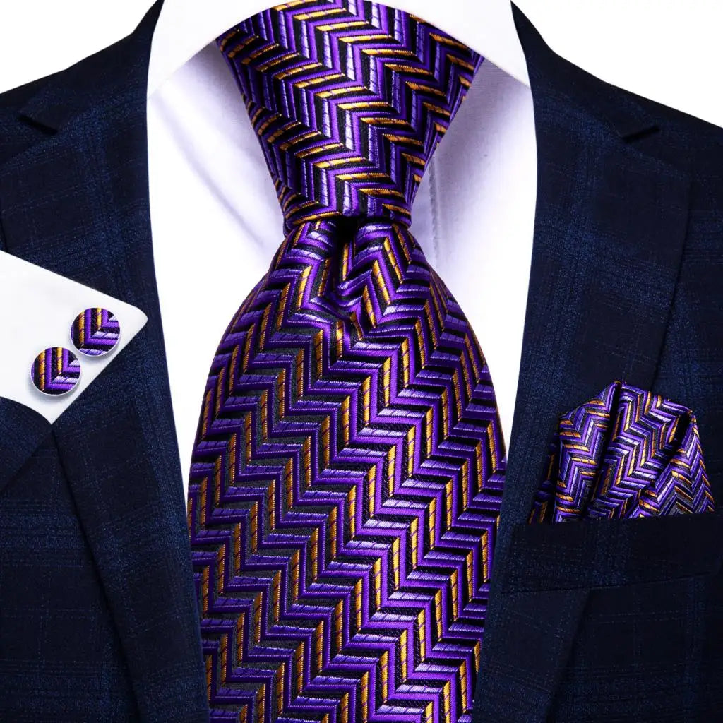 Navy Blue Striped Silk Tie Set for Men – Necktie, Pocket Square & Cufflinks – Formal Business & Wedding Gift Set