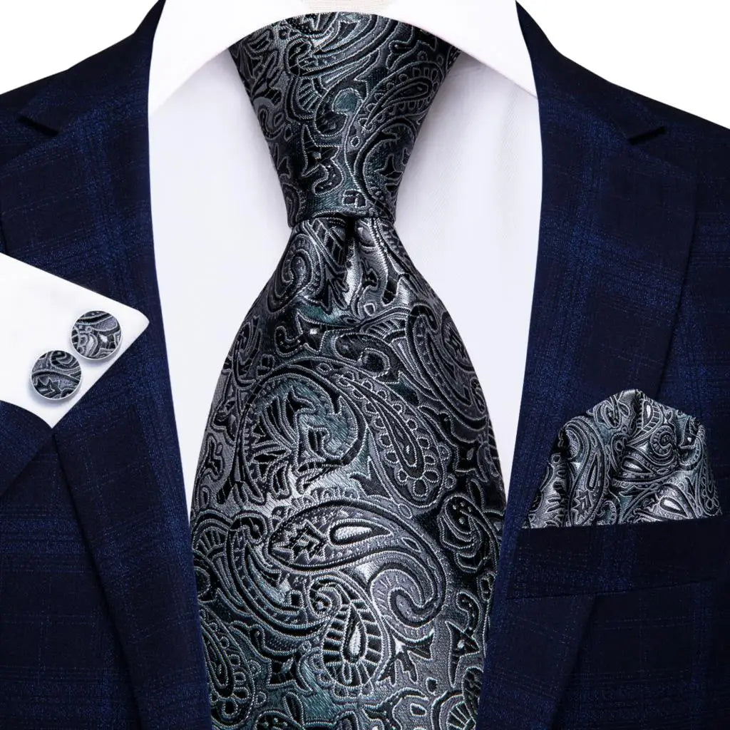 White & Grey Paisley Tie Set – Silk Necktie, Pocket Square & Cufflinks for Men – Formal Wedding & Business Accessory