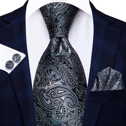White & Grey Paisley Tie Set – Silk Necktie, Pocket Square & Cufflinks for Men – Formal Wedding & Business Accessory