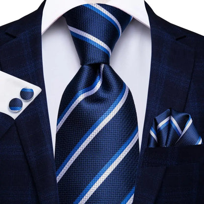 Navy Blue Striped Silk Tie Set for Men – Necktie, Pocket Square & Cufflinks – Formal Business & Wedding Gift Set