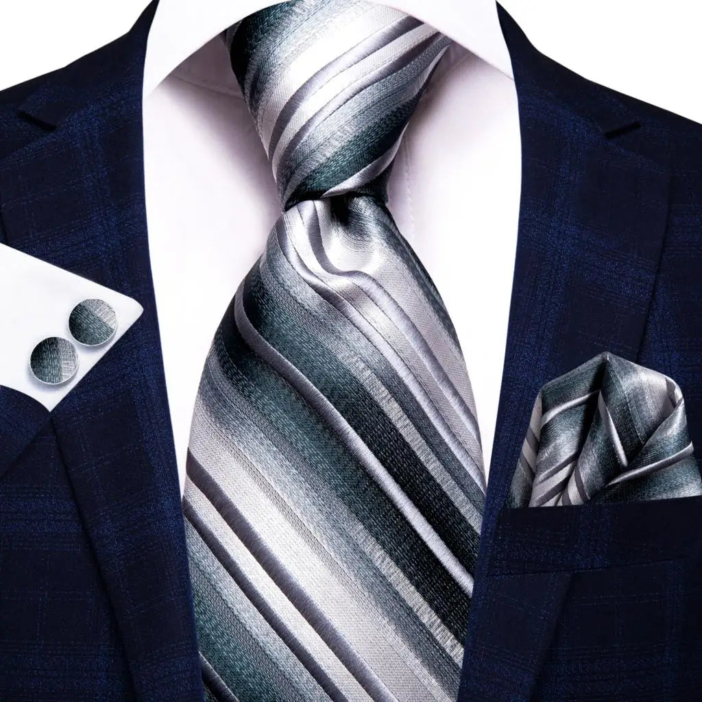White & Grey Paisley Tie Set – Silk Necktie, Pocket Square & Cufflinks for Men – Formal Wedding & Business Accessory