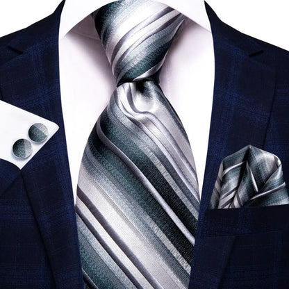 White & Grey Paisley Tie Set – Silk Necktie, Pocket Square & Cufflinks for Men – Formal Wedding & Business Accessory