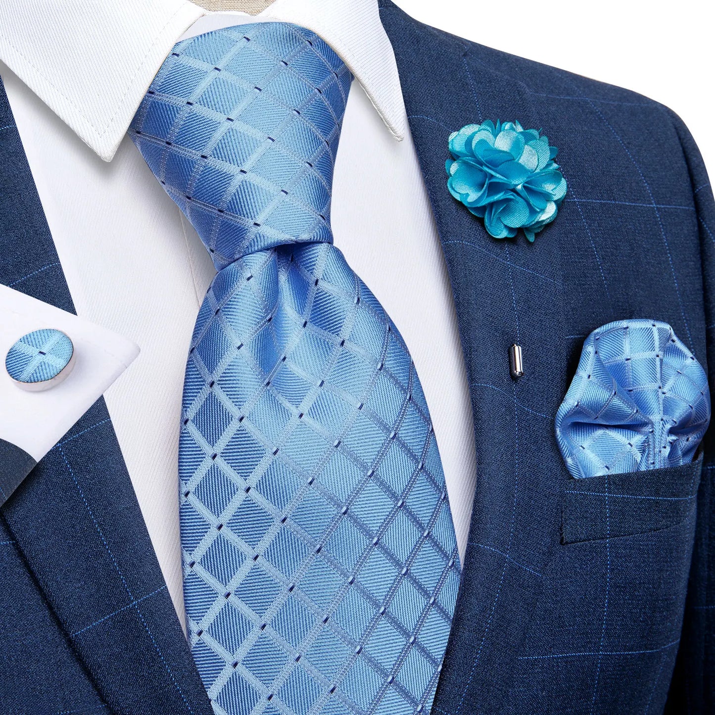 Blue & Silver Paisley Silk Tie Set – 8cm Necktie + Pocket Square + Cufflinks + Brooch – Elegant Men’s Gift for Weddings & Holidays