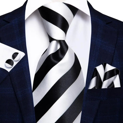 Navy Blue Striped Silk Tie Set for Men – Necktie, Pocket Square & Cufflinks – Formal Business & Wedding Gift Set