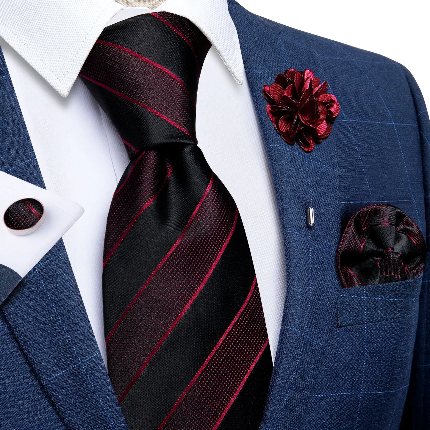 Blue & Silver Paisley Silk Tie Set – 8cm Necktie + Pocket Square + Cufflinks + Brooch – Elegant Men’s Gift for Weddings & Holidays