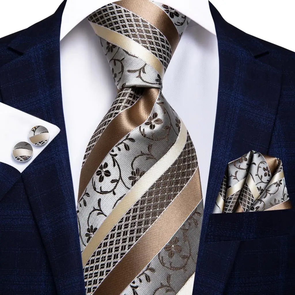 Navy Blue Striped Silk Tie Set for Men – Necktie, Pocket Square & Cufflinks – Formal Business & Wedding Gift Set