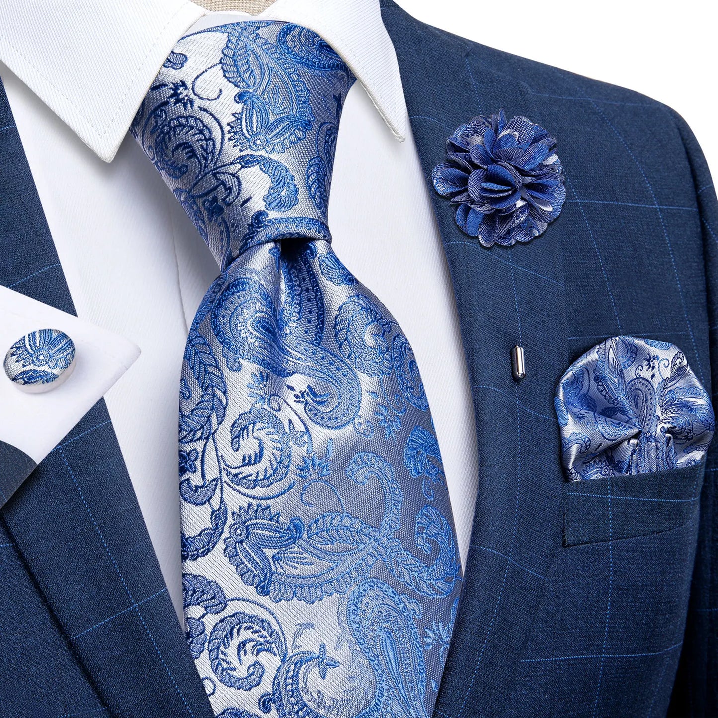 Blue & Silver Paisley Silk Tie Set – 8cm Necktie + Pocket Square + Cufflinks + Brooch – Elegant Men’s Gift for Weddings & Holidays