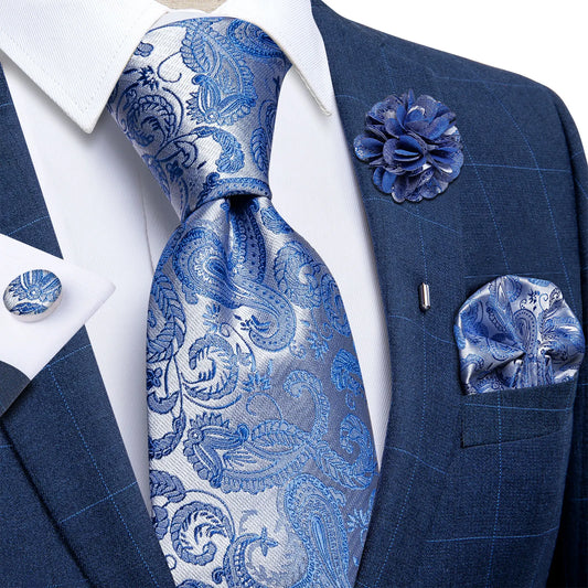 Blue & Silver Paisley Silk Tie Set – 8cm Necktie + Pocket Square + Cufflinks + Brooch – Elegant Men’s Gift for Weddings & Holidays