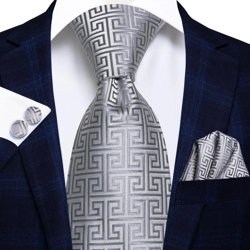 White & Grey Paisley Tie Set – Silk Necktie, Pocket Square & Cufflinks for Men – Formal Wedding & Business Accessory