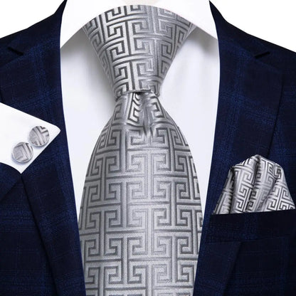 White & Grey Paisley Tie Set – Silk Necktie, Pocket Square & Cufflinks for Men – Formal Wedding & Business Accessory