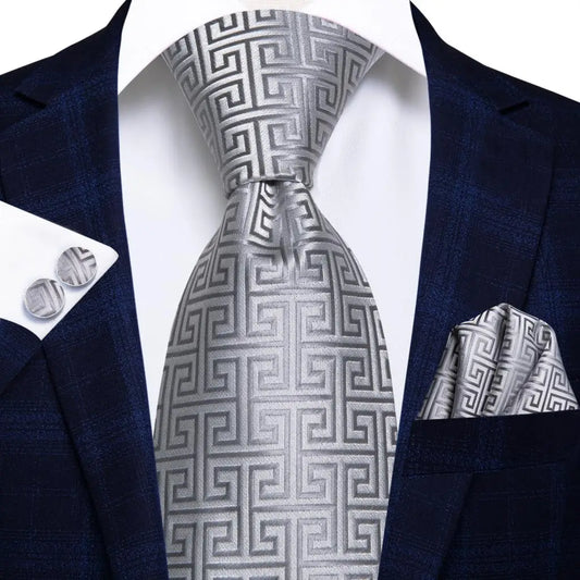 White & Grey Paisley Tie Set – Silk Necktie, Pocket Square & Cufflinks for Men – Formal Wedding & Business Accessory