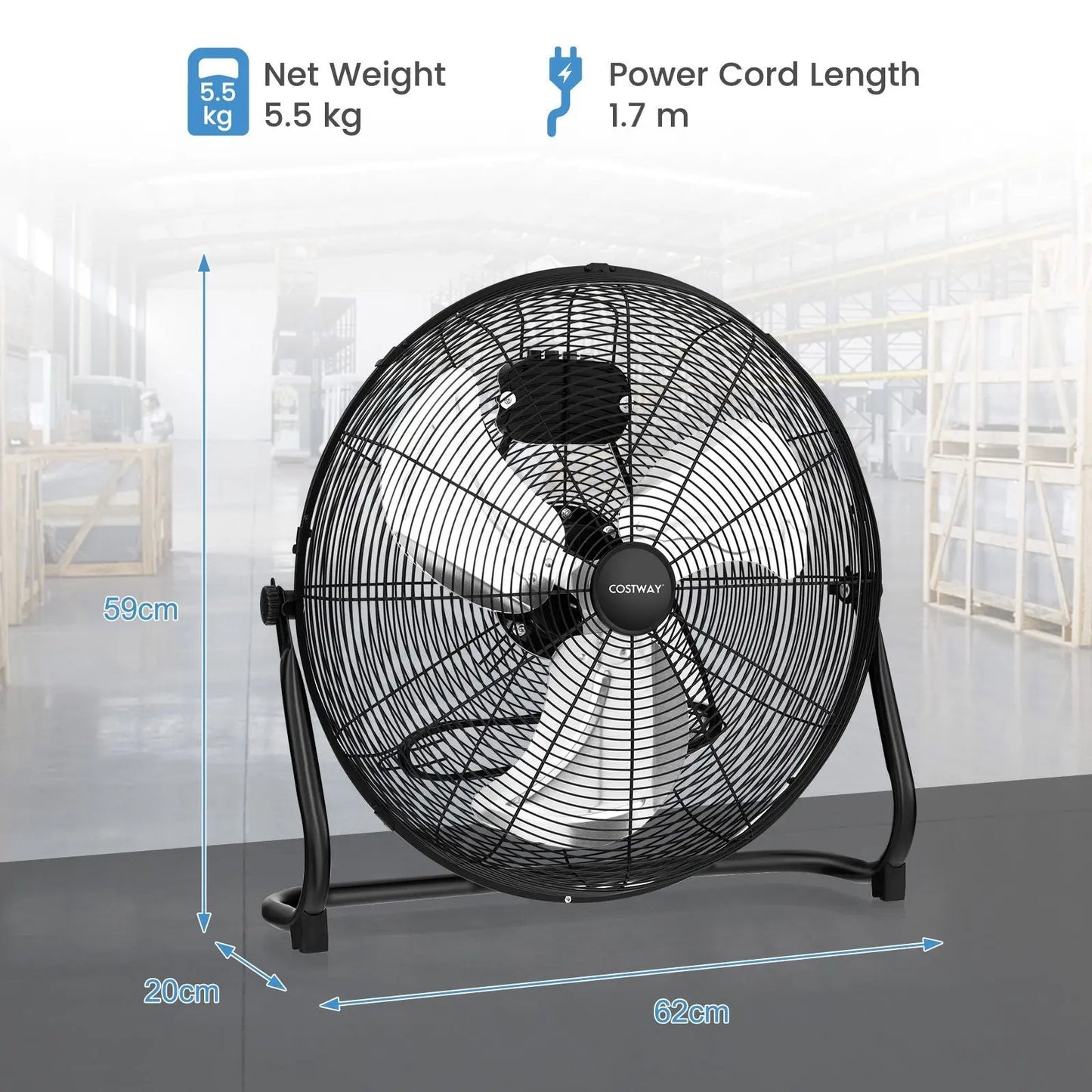 High Velocity Floor Fan with 3 Speed and Adjustable Tilting Head - DynamicDrop Hub