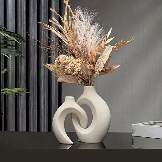 Hollow Nordic Modern Ceramic Vase Set of 2 for Modern Home Decor,Modern Boho Hollow Flower Vases for Living Room Bookshelf - DynamicDrop Hub