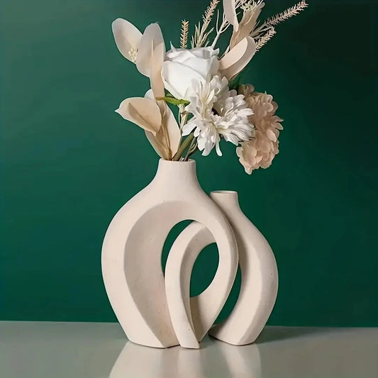 Hollow Nordic Modern Ceramic Vase Set of 2 for Modern Home Decor,Modern Boho Hollow Flower Vases for Living Room Bookshelf - DynamicDrop Hub