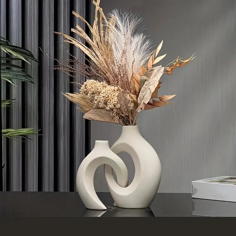 Hollow Nordic Modern Ceramic Vase Set of 2 for Modern Home Decor,Modern Boho Hollow Flower Vases for Living Room Bookshelf - DynamicDrop Hub